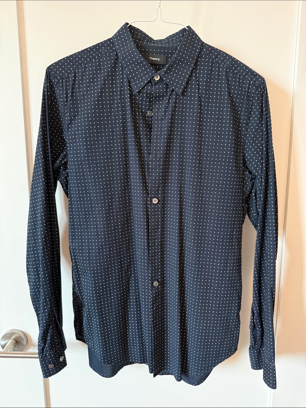 Theory Men's Navy Shirt with White Micro Dots